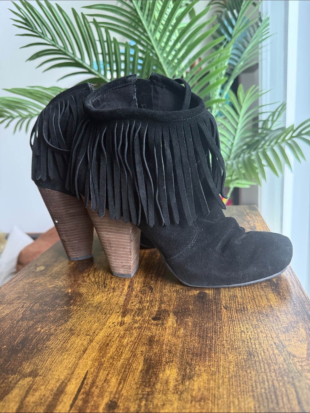 Restricted Black Suede Fringe Ankle Booties with Stacked Heel